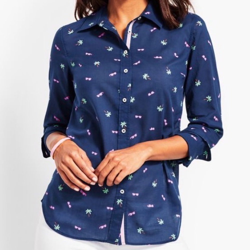 TALBOTS “Treasure Island” Long Sleeve Cotton Shirt Navy Tropical Print SIZE 1X